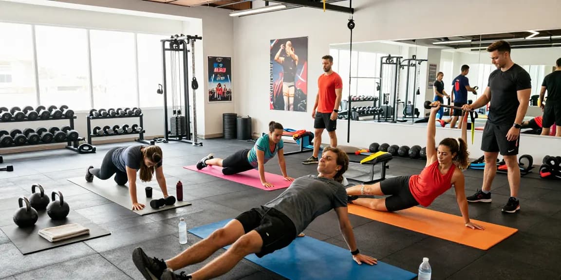 Fitness-Enthusiasten in einem modernen Gym bei der Anwendung von Deus Medical Produkten.