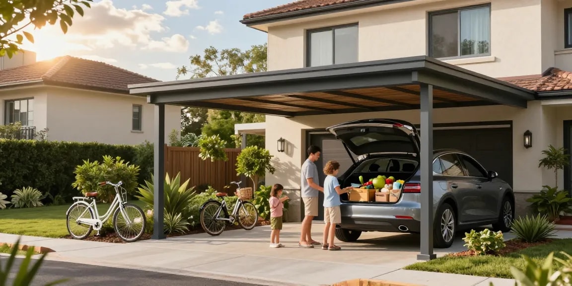 Moderne Carport-Installation mit Familie und Auto, sonnige Atmosphäre.
