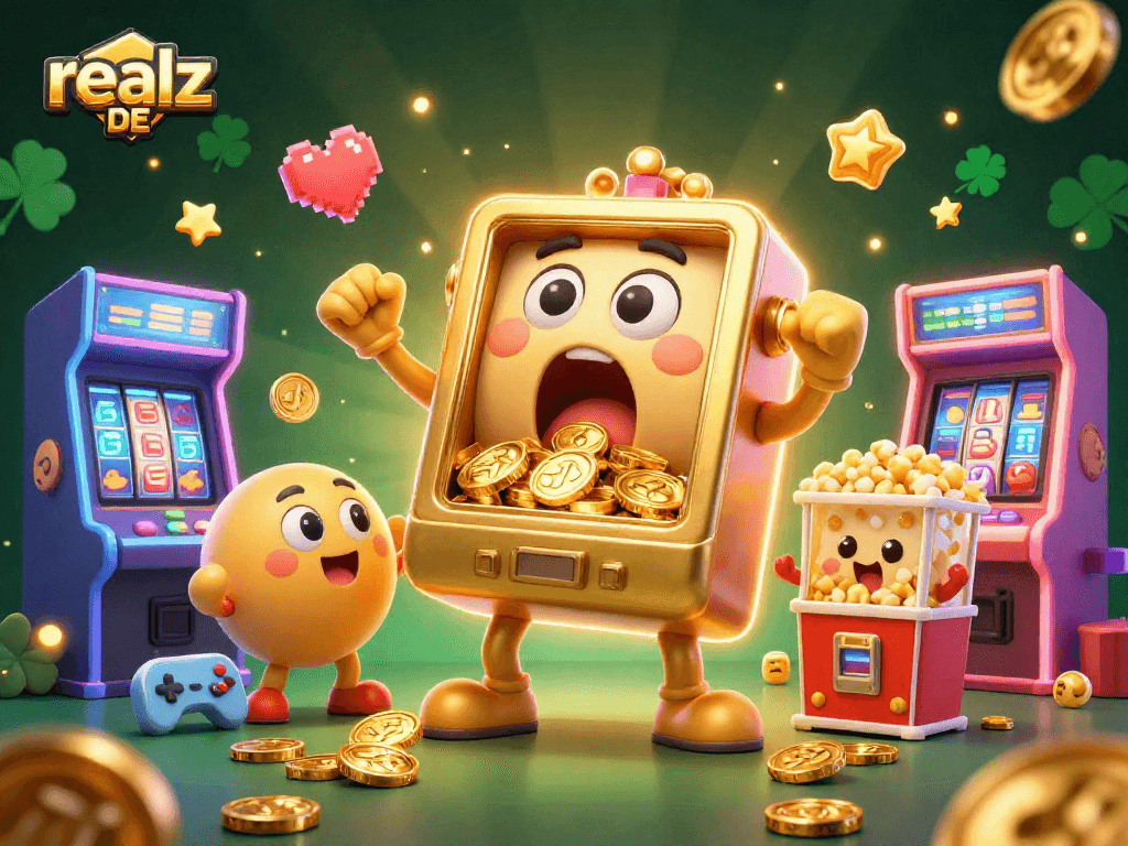 realz DE zeigt einen goldenen Spielautomaten mit freudigen Animationen und glänzenden Münzen, umgeben von Casino-Elementen.