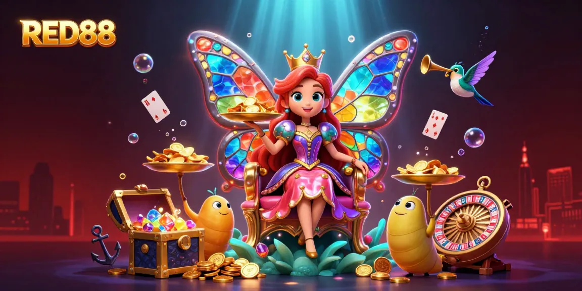 Experience the excitement of RED88 with a vibrant casino scene of the butterfly queen and treasures.