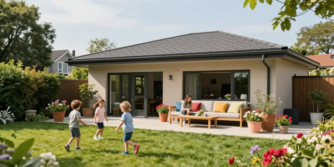Entspannte Familie unter einer freistehenden Terrassenüberdachung im Garten, ideal für sonnige Tage.