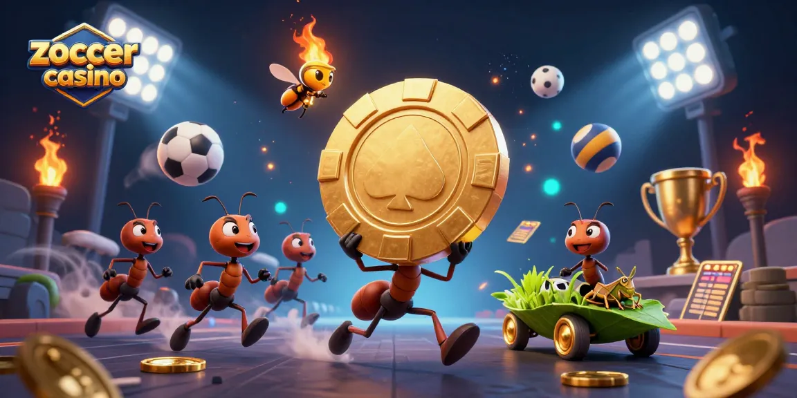 Engage in thrilling adventures at zoccer casino with a whimsical heist scene featuring cartoon ants and sports elements.