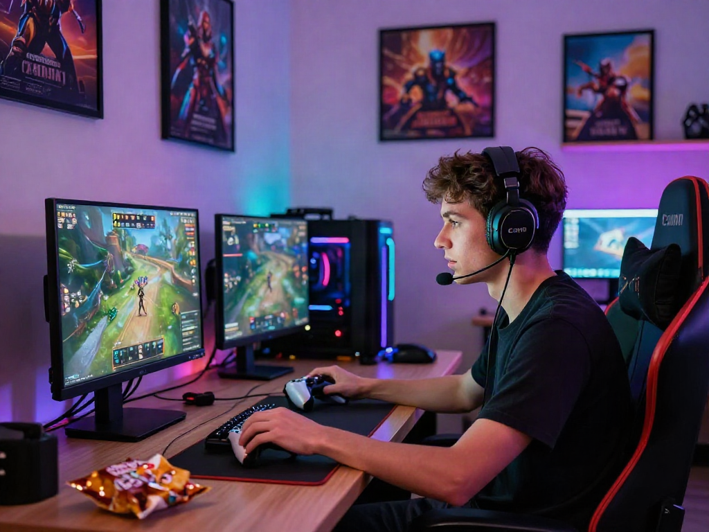 Engaging gaming scene illustrating rokok88 daftar in a vibrant lounge with a focused player.