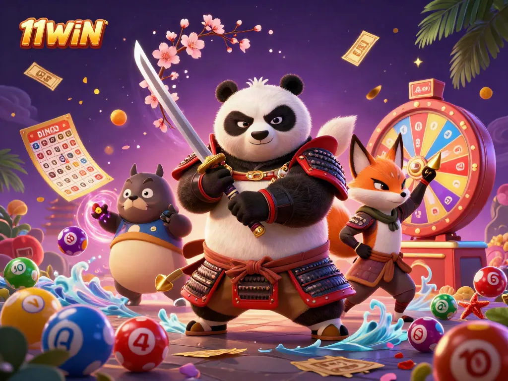 Experience thrilling 11WIN slots with a dynamic scene featuring samurai panda and ninja fox.