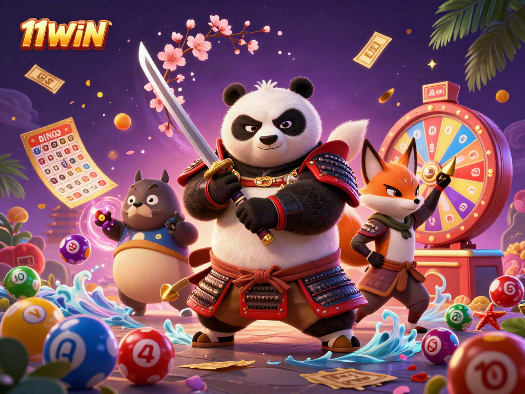Experience thrilling 11WIN slots with a dynamic scene featuring samurai panda and ninja fox.