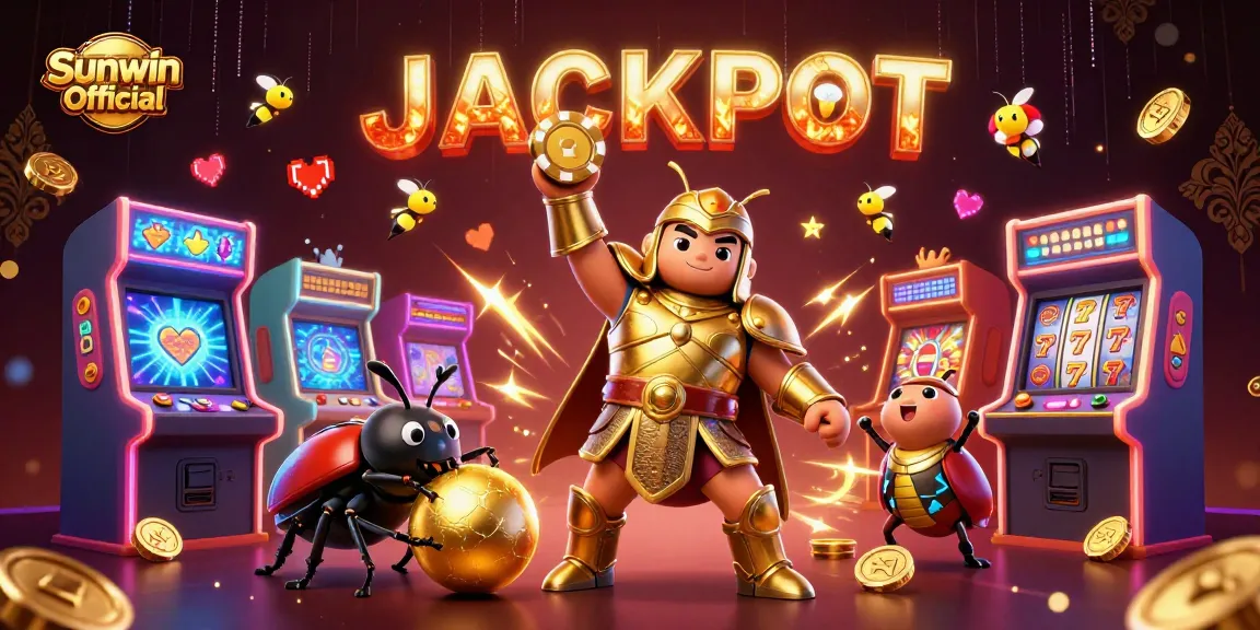 Sunwin Official's dynamic casino scene featuring a 3D hercules beetle championing a poker chip amidst colorful games.