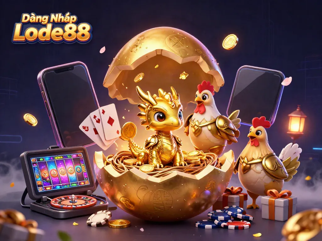Experience the vibrant excitement of Đăng Nhập Lode88 as golden dragon emerges from a nest of poker chips.