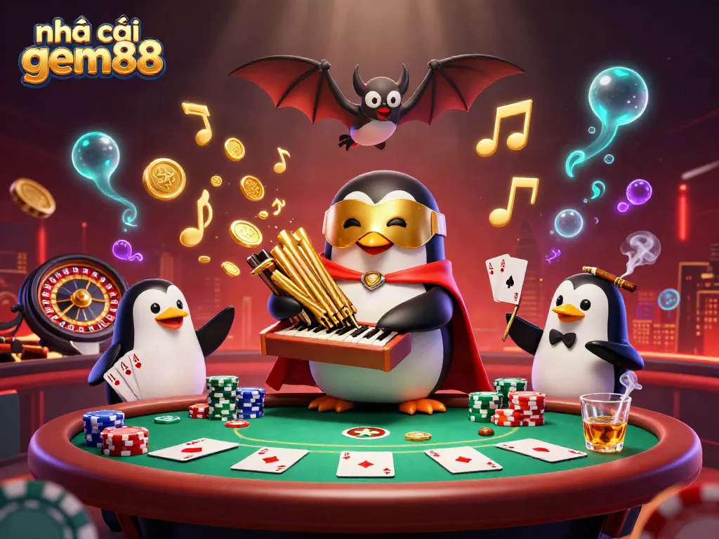 Experience the excitement at nhà cái gem88 with this lively 3D illustration depicting a casino scene featuring dynamic characters and vibrant gaming elements.