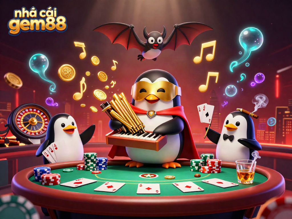 Experience the excitement at nhà cái gem88 with this lively 3D illustration depicting a casino scene featuring dynamic characters and vibrant gaming elements.