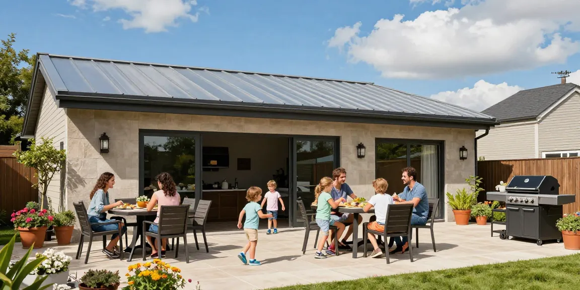 Moderne Terrassenüberdachung mit Familie, die an einem sonnigen Tag im Garten entspannt
