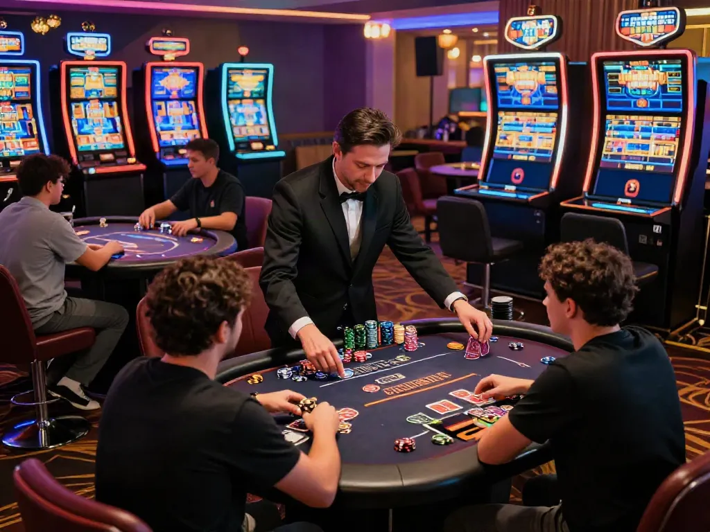 Exciting online gaming scene at nbet.page featuring players at vibrant casino tables and glowing slot machines.