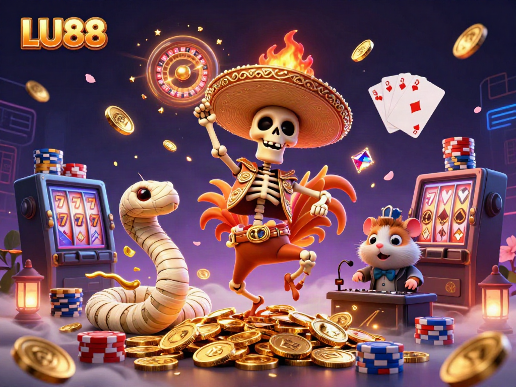Celebrate winnings with LU88's vibrant 3D casino illustration featuring animated characters and game elements.