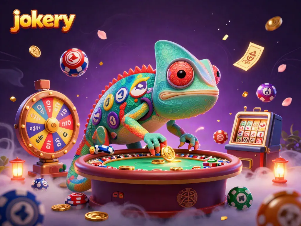 Experience jokery thrills with an engaging chameleon casino owner snapping up golden coins surrounded by vibrant lottery elements.