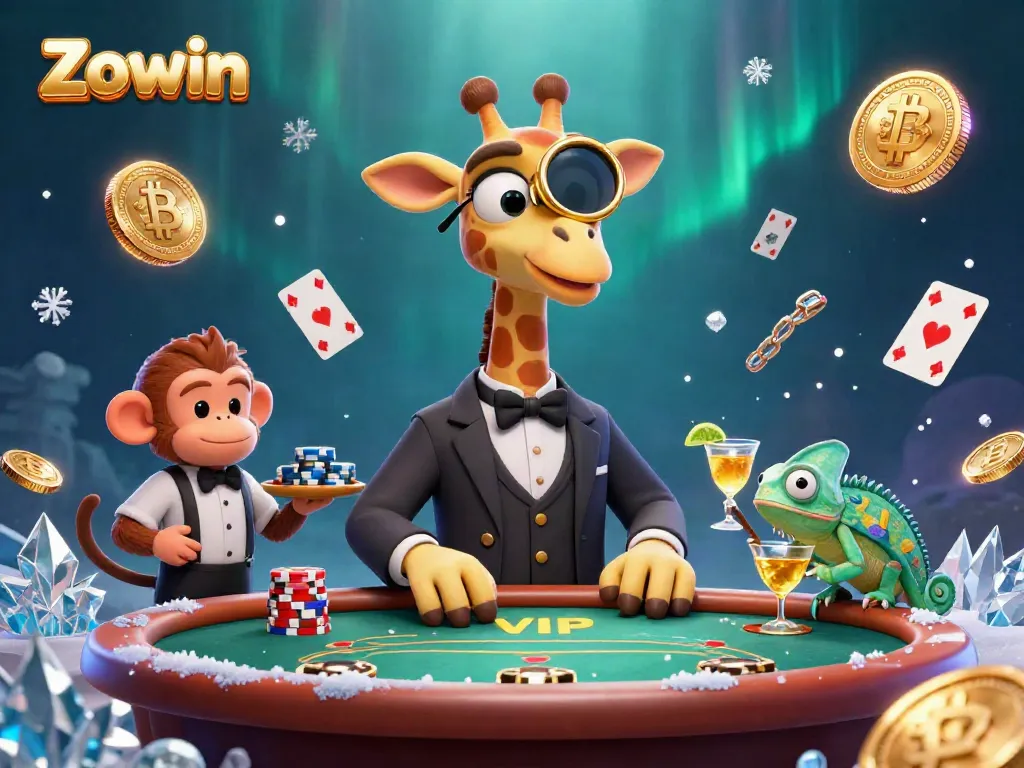 Experience thrilling gameplay at Zowin with a vibrant casino scene featuring a giraffe, monkey, and chameleon.