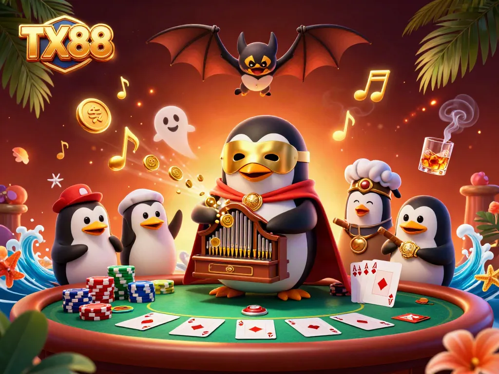 TX88 captivates players with a vibrant casino scene featuring an animated penguin generating golden coins while playing.