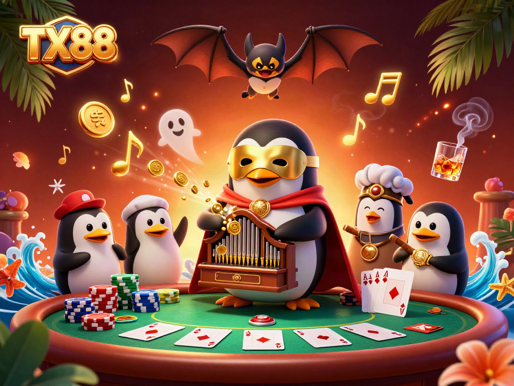 TX88 captivates players with a vibrant casino scene featuring an animated penguin generating golden coins while playing.