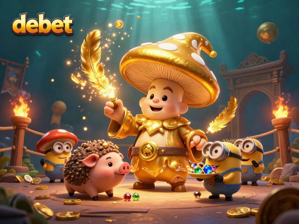 Join the magical quest at debet's casino, featuring a wizard and treasure-hunting pig amidst golden game elements.