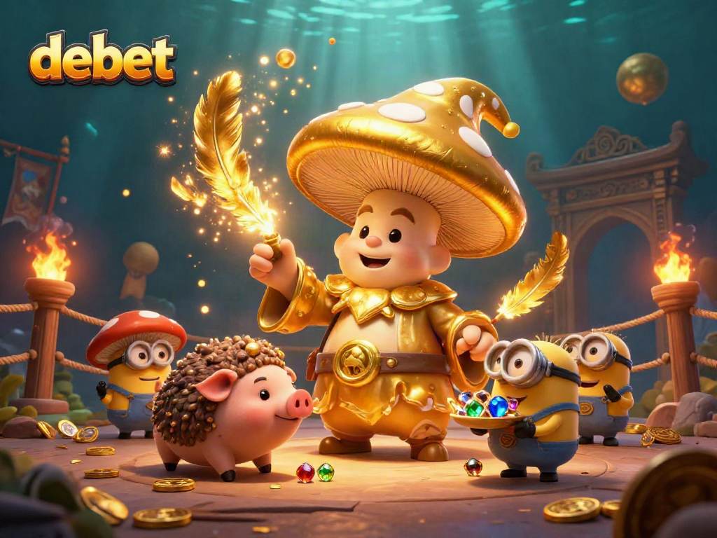 Join the magical quest at debet's casino, featuring a wizard and treasure-hunting pig amidst golden game elements.