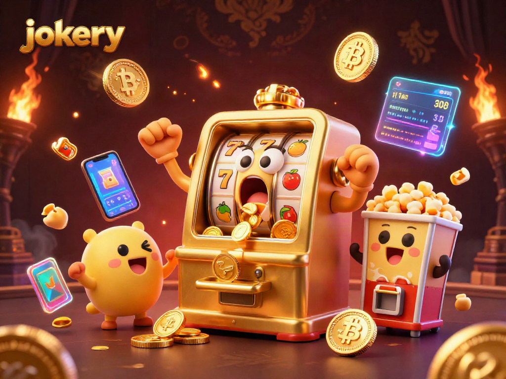 Spin the reels at jokery casino with dynamic slot machines and crypto elements in a vibrant 3D scene.