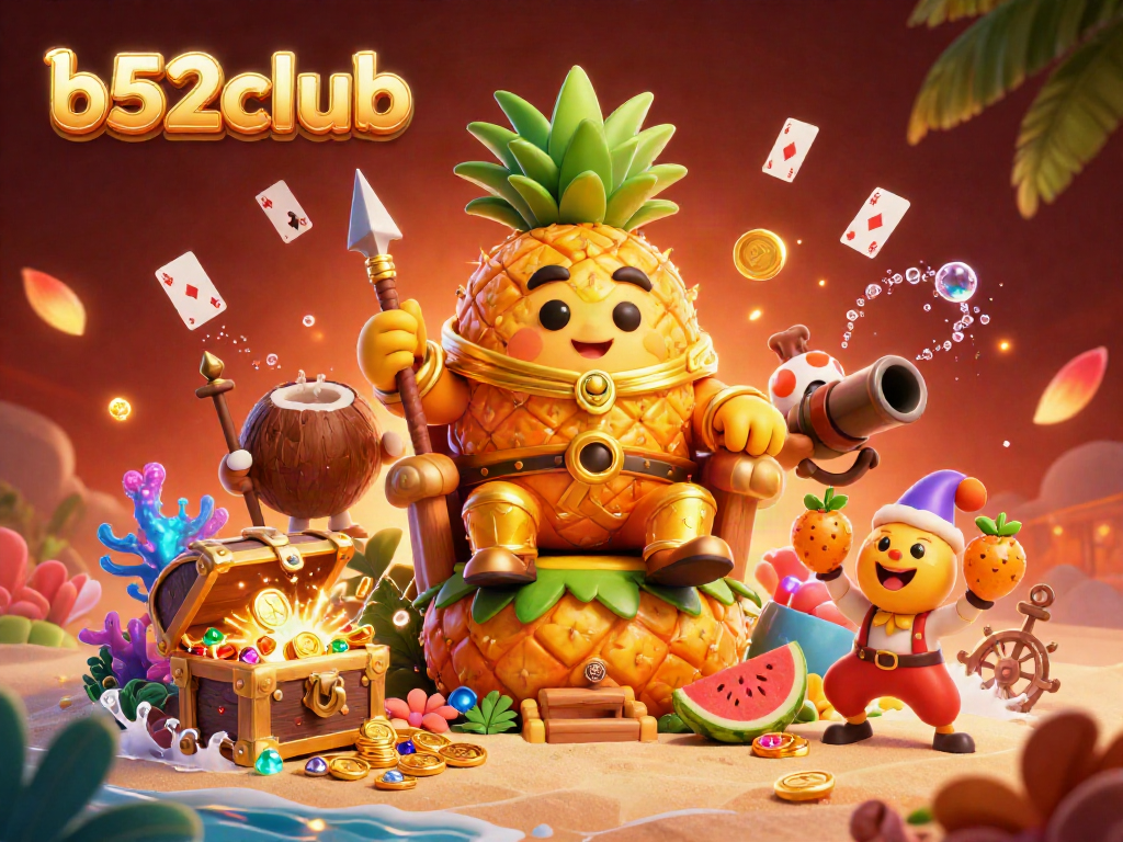 Engage with b52club's vibrant beach casino featuring a golden pineapple king and treasure elements.