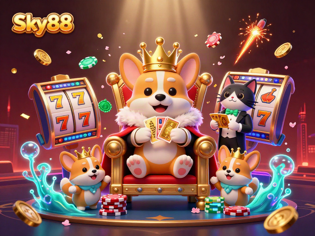 Spin jackpots and win big with Sky88's vibrant 3D casino illustration featuring betting action and slot excitement.