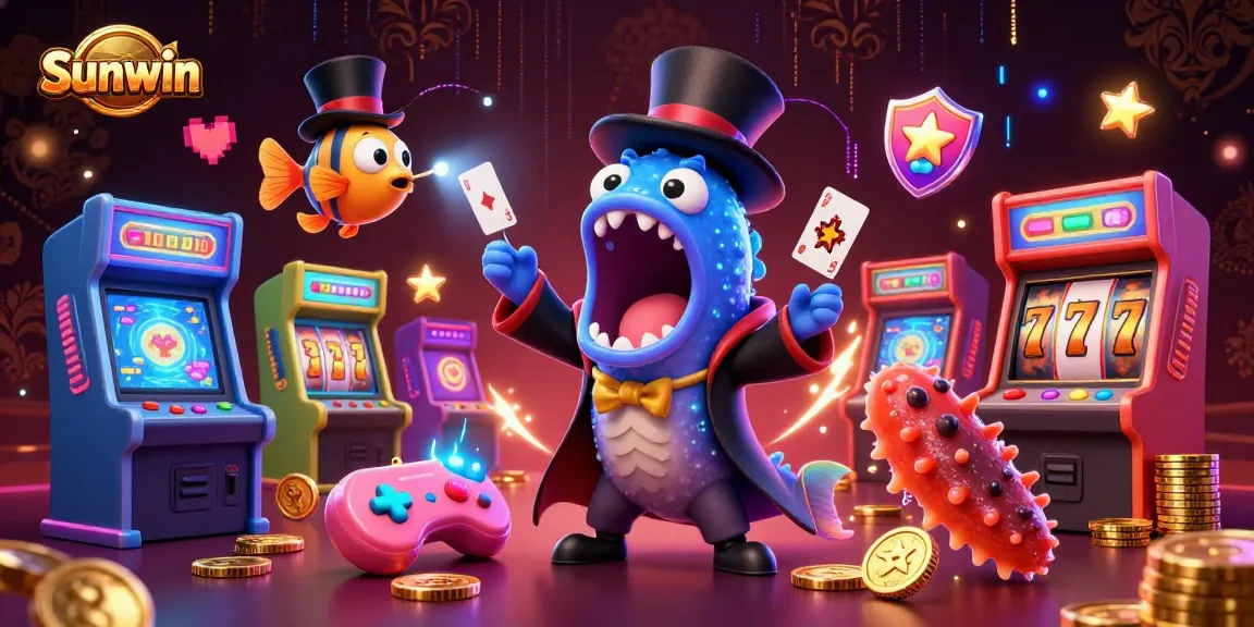 Sunwin's vibrant casino illustration showcases winning slots amidst enchanting sea creatures in a lively magic act.