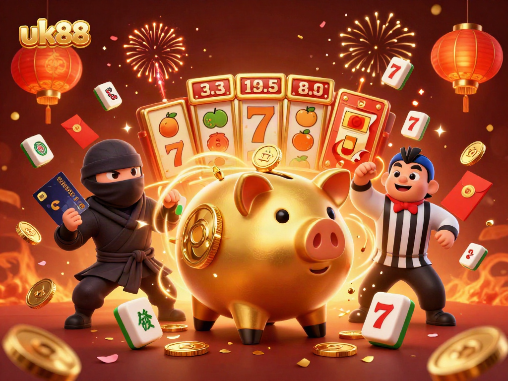 Experience the excitement of uk88 in a vibrant 3D casino scene filled with winning symbols and lively characters.