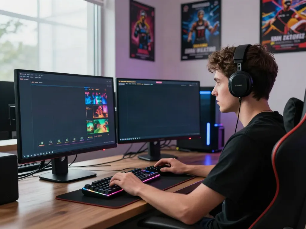 Engaged gamer at DA88 on dual monitors, showcasing online betting experience.