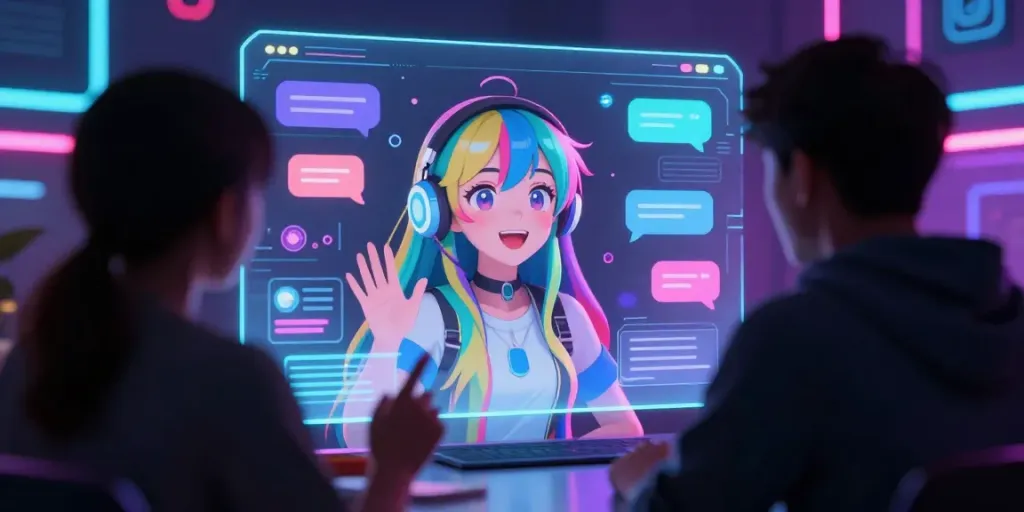 Interactive AI hentai chat environment featuring a vibrant anime character and holographic interface