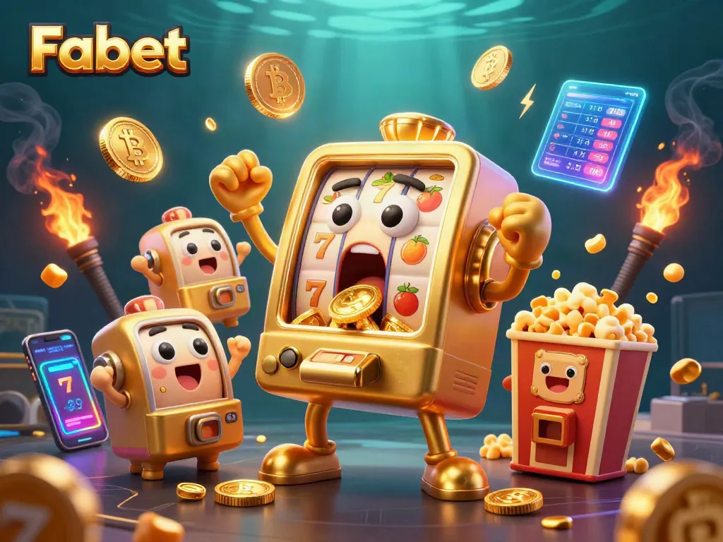 Experience Fabet's thrilling jackpot moment with a golden slot machine celebrating its win.