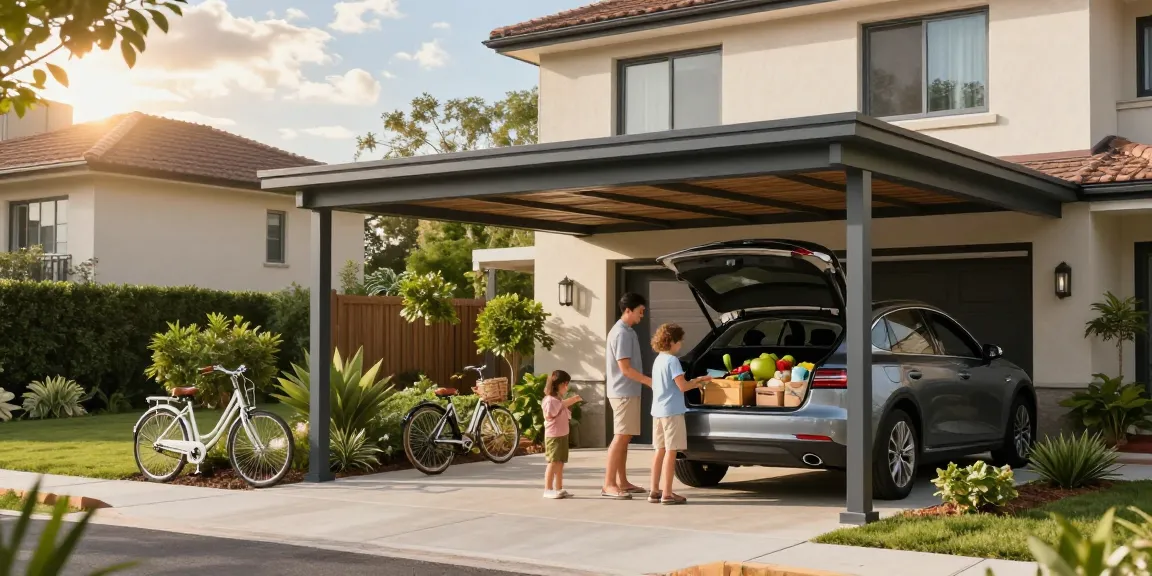 Moderne Carport-Installation mit Familie und Auto, sonnige Atmosphäre.