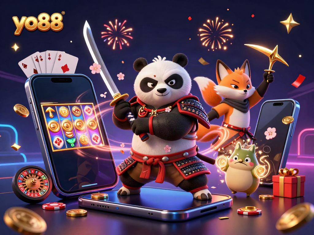 Experience thrilling gameplay at yo88 with a samurai panda, ninja fox, and magical tanuki in a dynamic casino scene.