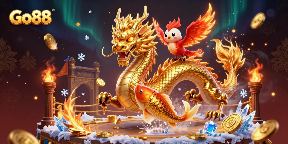 Engage with Go88's vibrant casino world featuring a dragon, phoenix, and koi fish amidst golden tokens.