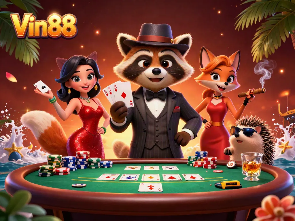 Engage in thrilling gameplay at Vin88 with a suave raccoon and charming fox amidst vibrant casino elements.