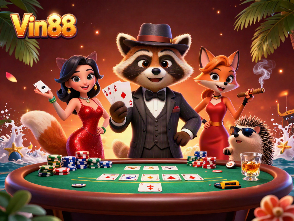 Engage in thrilling gameplay at Vin88 with a suave raccoon and charming fox amidst vibrant casino elements.