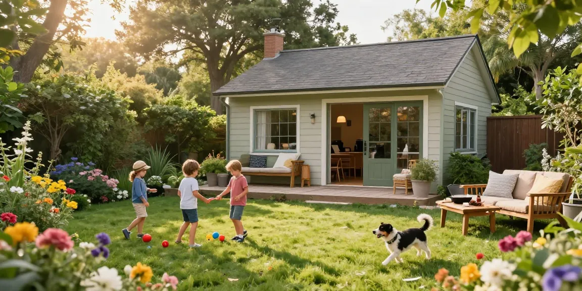 Gemütliches Garten Haus umgeben von bunten Blumen und spielenden Kindern im Freien.