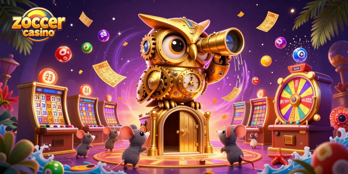 Experience thrilling gameplay at zoccer casino, where a dynamic clockwork owl oversees the vibrant casino floor filled with excitement.