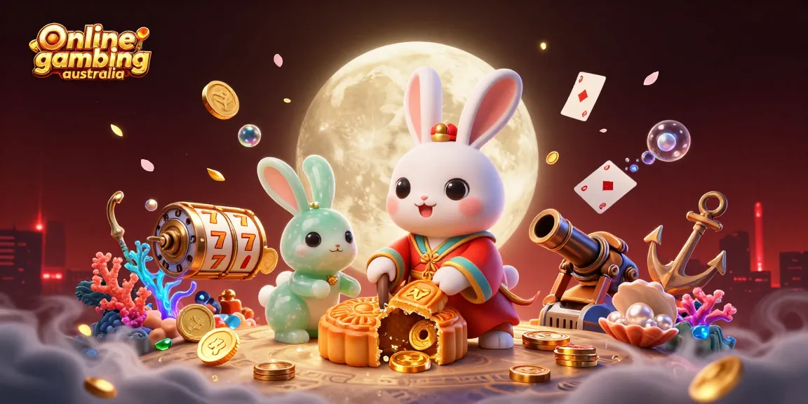 Engage in online gambling Australia with a vibrant 3D scene featuring moon rabbits and casino elements.